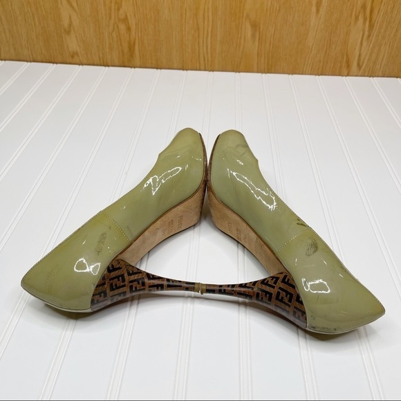 Fendi Green Patent Leather Zucca Print Heel Peep Toe Pumps - Picture 8 of 12